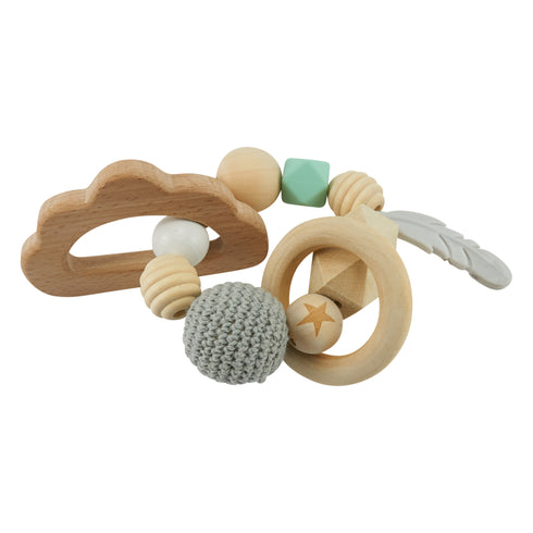 Beißring Holz / Rassel, Wolke türkis-grau