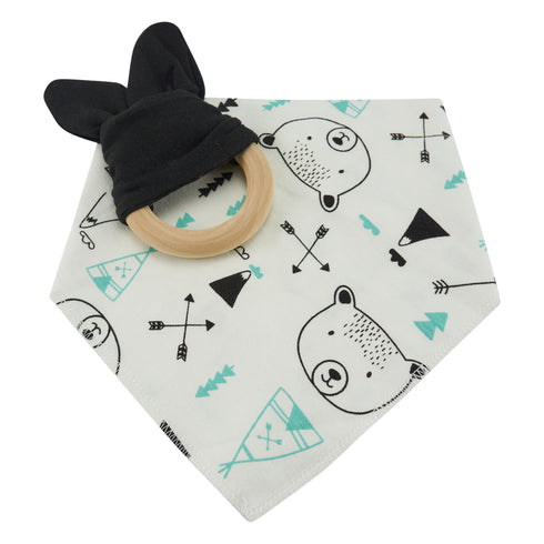 Beißring aus Holz mit Halstuch Bär, 2er Set, Geschenkset