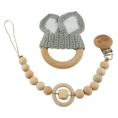 Schnullerkette mit Beißring, 2er Set, Hasenohren gehäkelt, grau-weiss