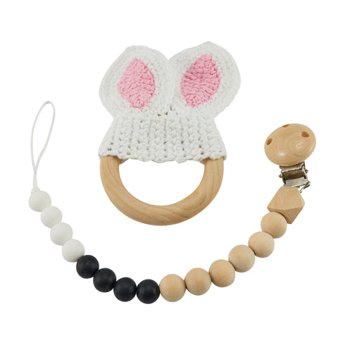 Schnullerkette mit Beißring, 2er Set, Hasenohren gehäkelt, rosa-weiss