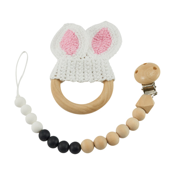 Schnullerkette mit Beißring, 2er Set, Hasenohren gehäkelt, rosa-weiss