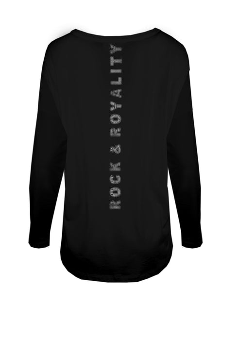 XOX Shirt U-Boot Ausschnitt Boxy, Longsleeve Strass, schwarz - Fair Trade