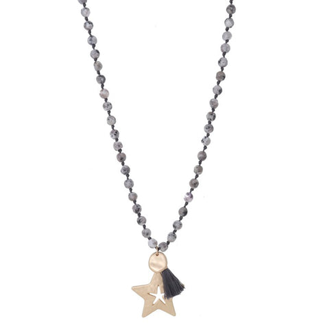 Perlenkette Naturstein, geknüpft, STAR, grau