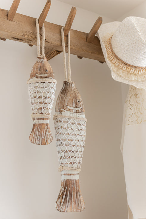 Boho Hängedeko, Wanddeko Beach, Deko Fische 2er-Set, natur-weiß
