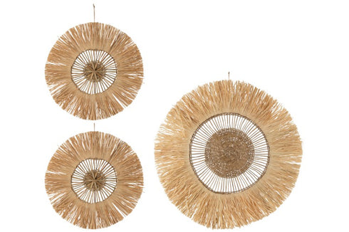 Boho handmade Wanddekoration aus Bast, 3tlg, natur