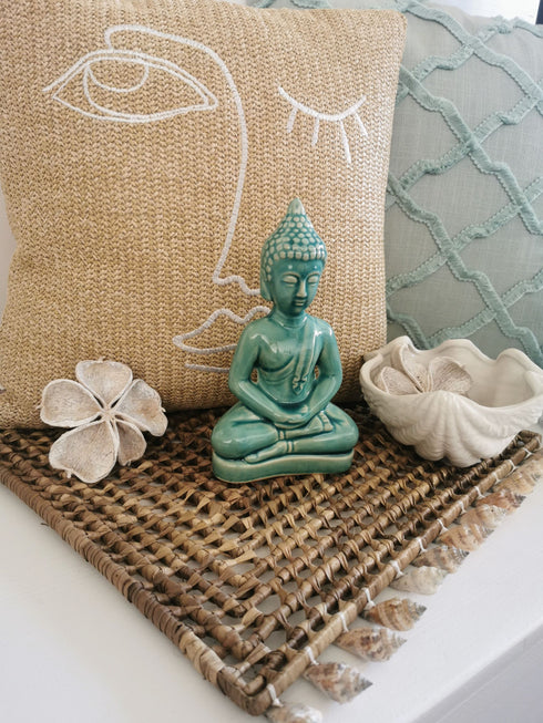 Tischdeko aus Palmblättern mit Muschelborte, Tischuntersetzer quadratisch Boho, Platzdeckchen, natur