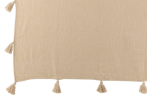 Boho Decke handmade, Plaid Pompons, Tagesdecke creme 148 x 180 cm