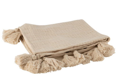 Boho Decke handmade, Plaid Pompons, Tagesdecke creme 148 x 180 cm