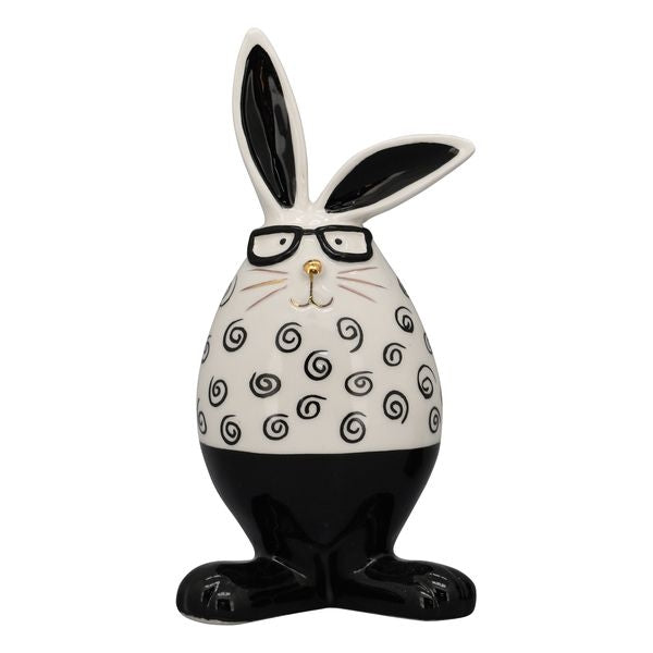 Osterhase mit Brille Keramik klein, schwarz-weiß