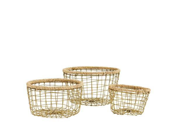 Madam Stolz Design Drahtkörbe 3er-Set Metall Jute, gold-natur