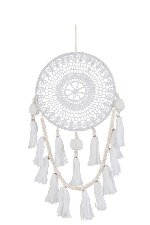 Boho Mandala Wanddeko rund, Gypsy Wandbehang, Makramee Traumfänger mit Holzkugeln und Quasten, weiß