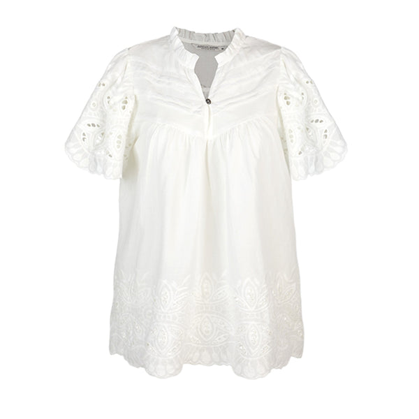 Summum Bluse kurzarm, mit Spitzenärmeln und Stehkragen, offwhite