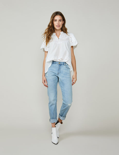 Summum Bluse kurzarm, mit Spitzenärmeln und Stehkragen, offwhite