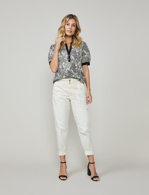 Summum Bluse kurzarm, florales Muster, offwhite-schwarz