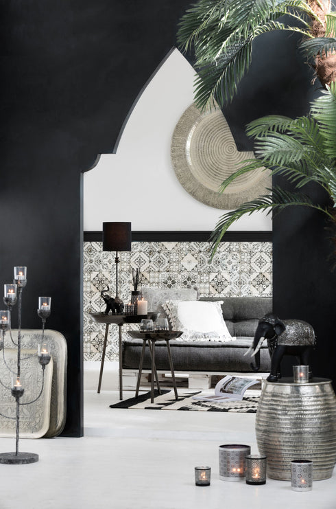 Samtkissen Marokko grau mit Folkloremuster und Quasten, 45x45cm