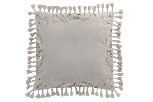 Samtkissen Marokko grau mit Folkloremuster, Pailletten und Quasten, 45x45cm