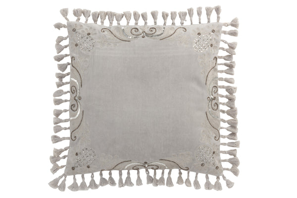 Samtkissen Marokko grau mit Folkloremuster, Pailletten und Quasten, 45x45cm