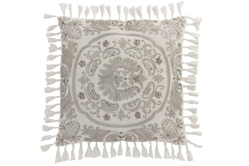 Samtkissen Marokko weiß mit Folkloremuster und Quasten, 45x45