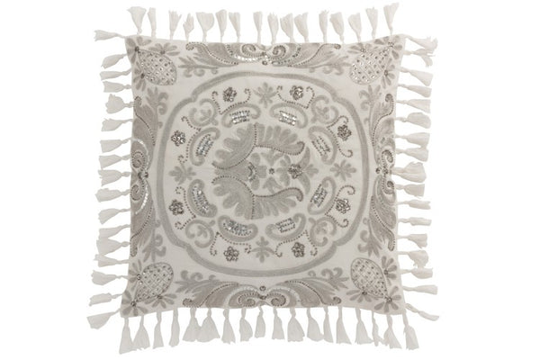 Samtkissen Marokko weiß mit Folkloremuster und Quasten, 45x45
