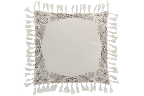 Samtkissen Marokko weiß mit Folkloremuster, Pailletten und Quasten, 45x45cm