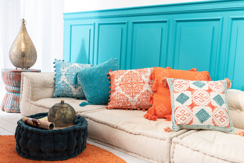 Boho Dekokissen Baumwolle Samt mit Quasten türkis, 45x45cm