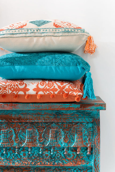 Boho Dekokissen Baumwolle Samt mit Quasten türkis, 45x45cm