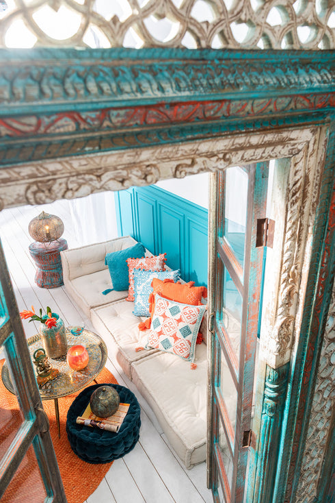 Boho Dekokissen Baumwolle Samt mit Quasten türkis, 45x45cm