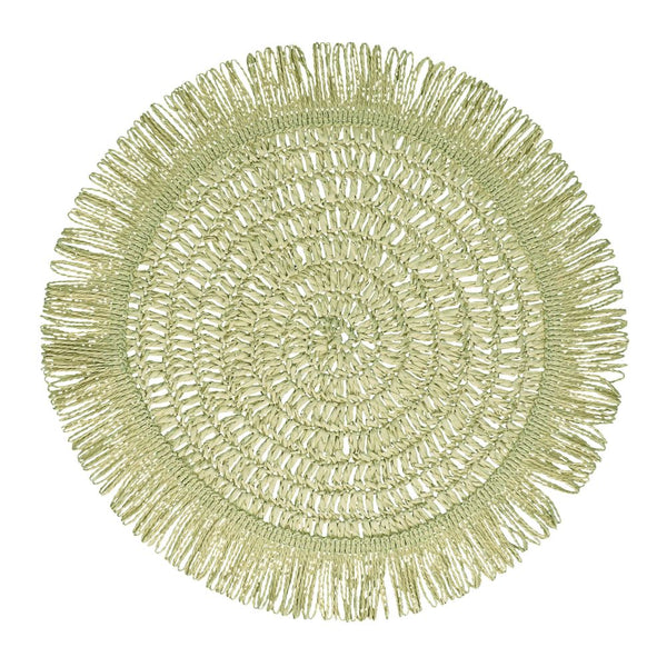 Rundes Boho Tischset, Platzdeckchen Gyula mit Fransen aus Papierfasern, lichtgrün