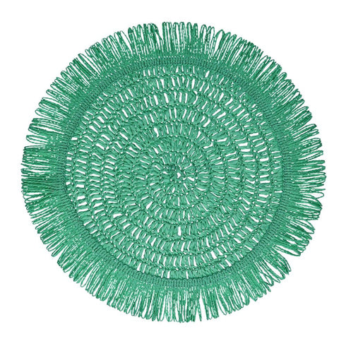 Rundes Boho Tischset, Platzdeckchen Gyula mit Fransen aus Papierfasern, türkisgrün