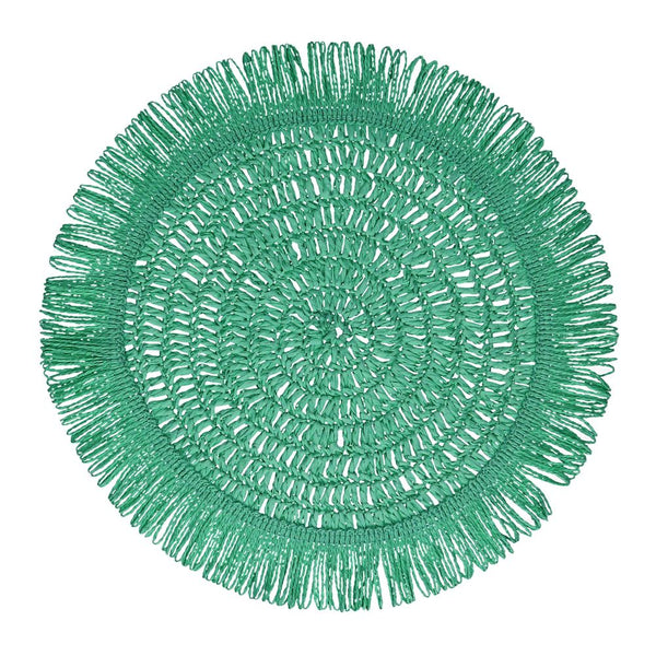Rundes Boho Tischset, Platzdeckchen Gyula mit Fransen aus Papierfasern, türkisgrün