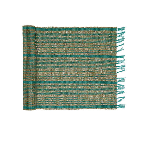 Boho Tischläufer Seegras, Untersetzer aqua, natur-türkis, 140x40cm