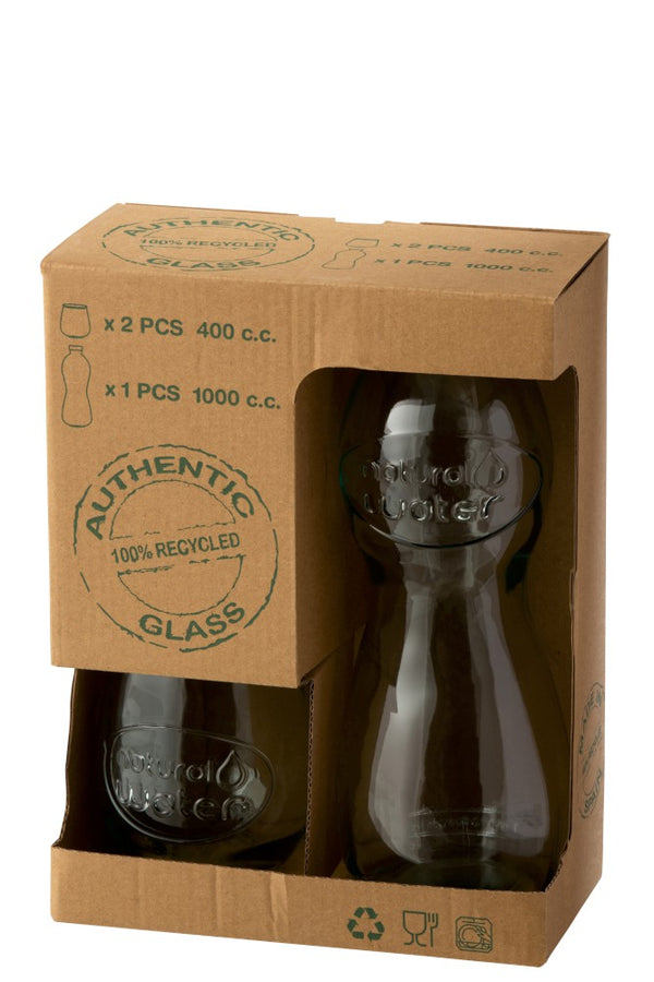 Geschenkset Wasserflasche, 2 Wassergläser retro, Recycling Glas