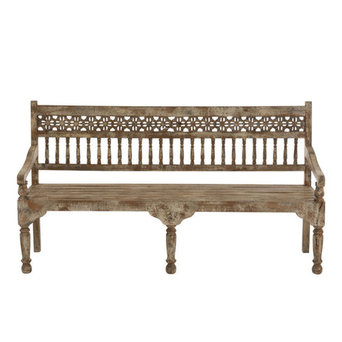 Handgeschnitzte Holzbank mit Verzierungen, Sitzbank aus Mangoholz, Boho, Marrokko Style, Vintage white wash
