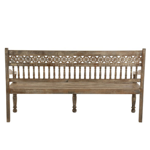 Handgeschnitzte Holzbank mit Verzierungen, Sitzbank aus Mangoholz, Boho, Marrokko Style, Vintage white wash
