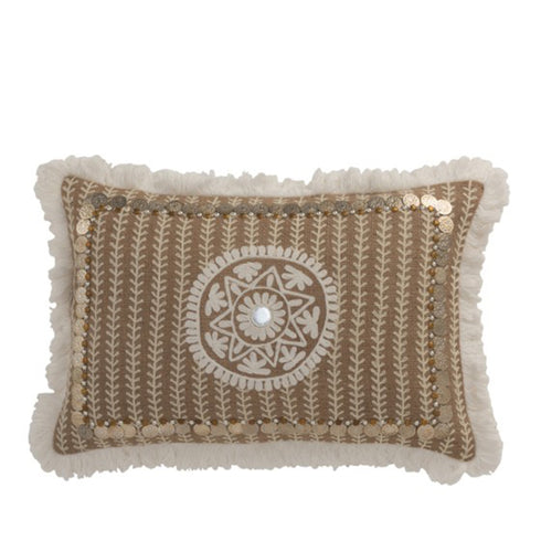 Luxuriöses Kissen mit Mandala Stickerei, Jute Fransen und Metallmünzen