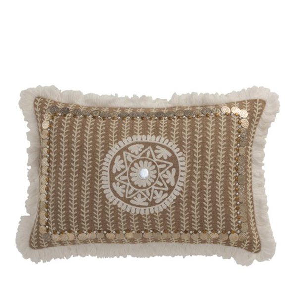 Luxuriöses Kissen mit Mandala Stickerei, Jute Fransen und Metallmünzen