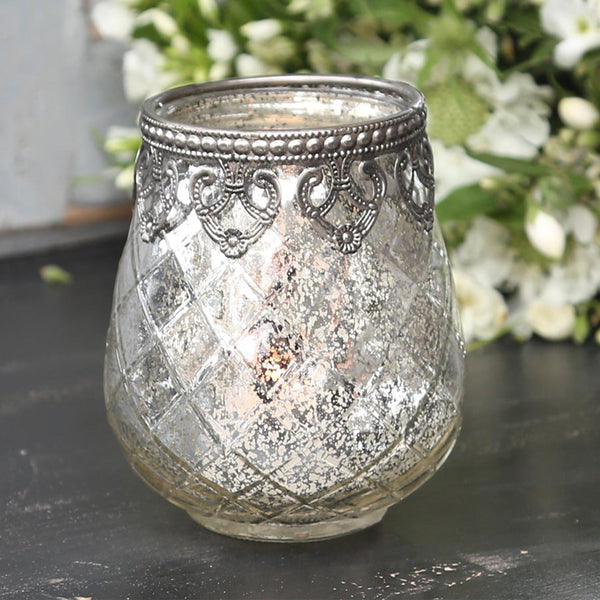 Windlicht Bauernsilber mit Metall Dekor, Dekoglas, Shabby-Chic, 1