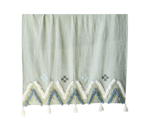 Bloomingville Decke, Ethno Plaid mit Quasten, Baumwolle 150x130cm, grün-creme