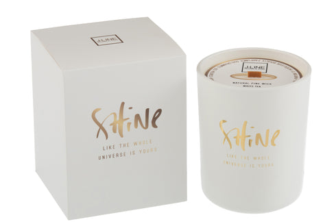 Edle Duftkerze "Shine" H:14,5cm 80std., Duft: white tea, in Geschenkbox, weiß