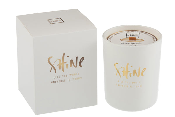 Edle Duftkerze "Shine" H:14,5cm 80std., Duft: white tea, in Geschenkbox, weiß
