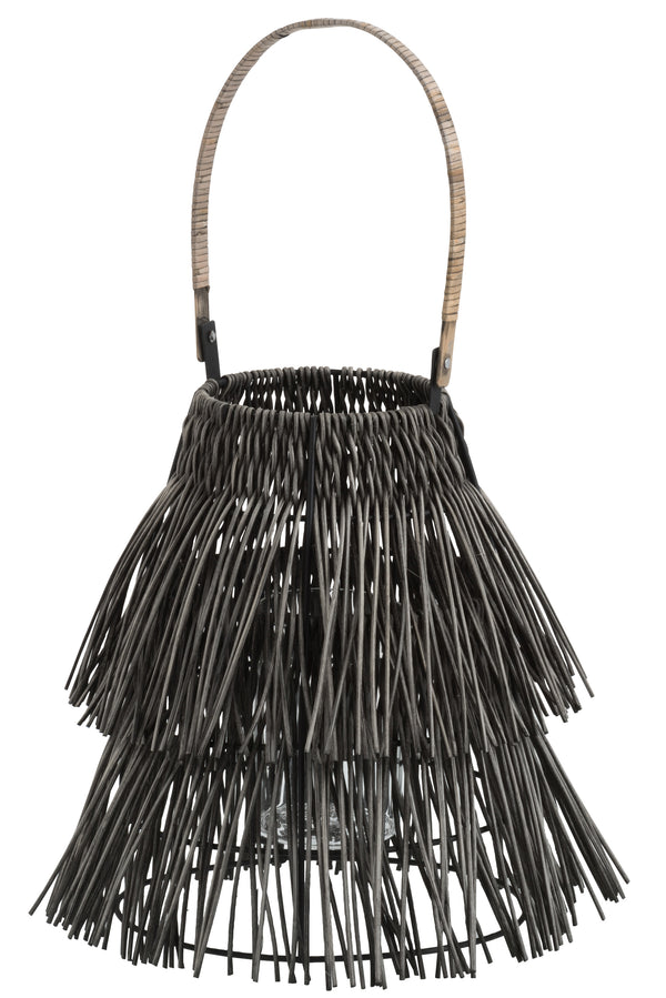 Windlicht, Boho Hängelaterne Rattan, handgemacht, grau D: 26 H:55cm