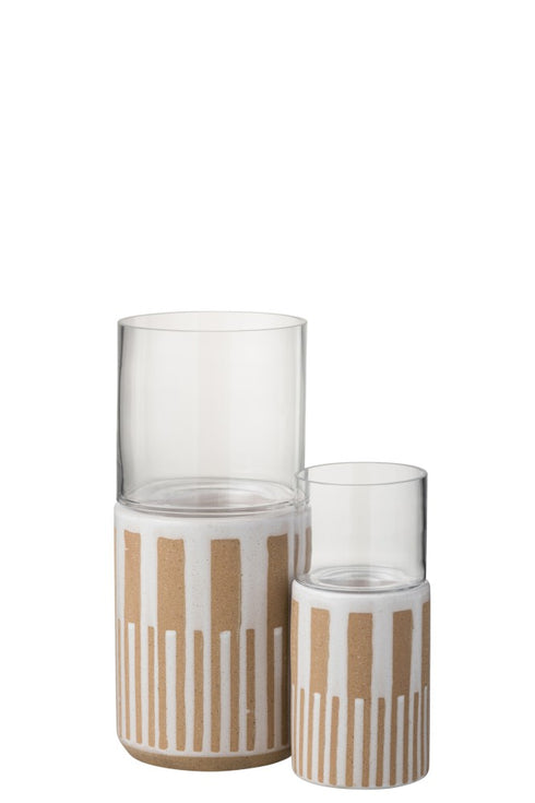 Skandi Windlicht auf Fuß, Dekoglas, braun-weiß