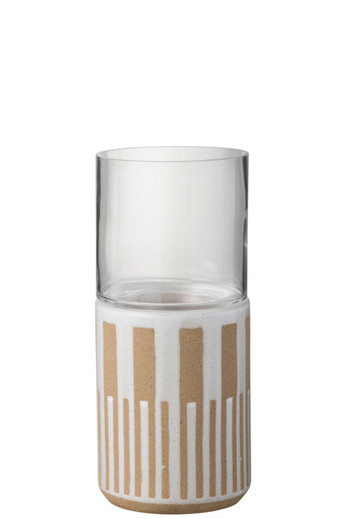 Skandi Windlicht auf Fuß, Dekoglas, braun-weiß