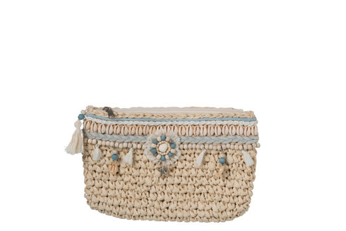 Boho Clutch Ibiza, Handtasche Perlen Muscheln, creme-blau