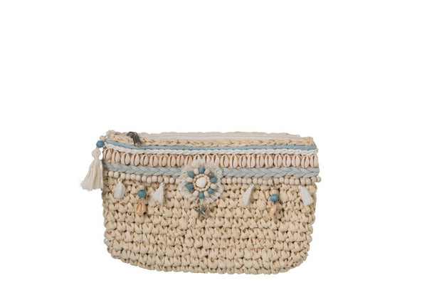 Boho Clutch Ibiza, Handtasche Perlen Muscheln, creme-blau