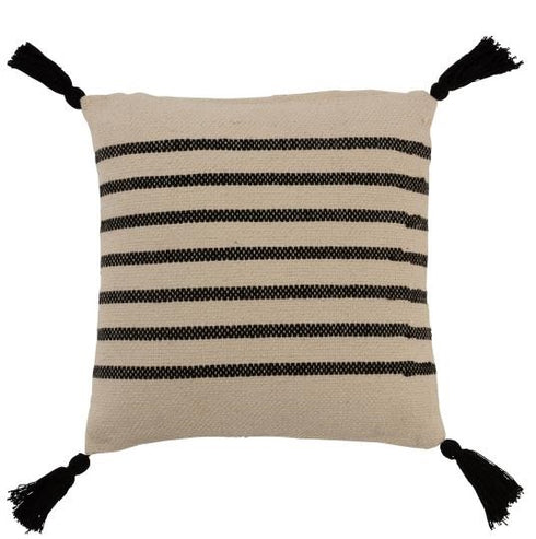 Boho Kissen mit Quasten, Dekokissen Streifen, schwarz-creme, 45x45cm