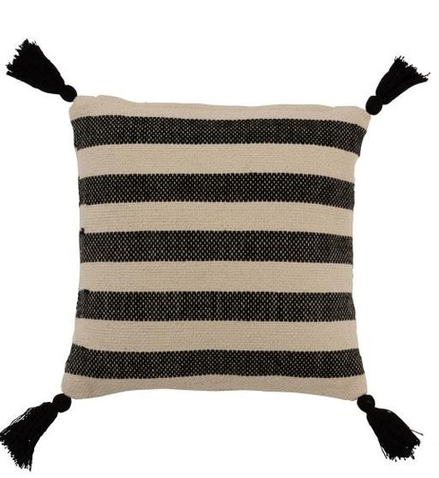 Boho Kissen mit Quasten, Dekokissen Streifen, schwarz-creme, 45x45cm