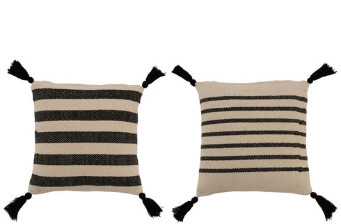 Boho Kissen mit Quasten, Dekokissen Streifen, schwarz-creme, 45x45cm