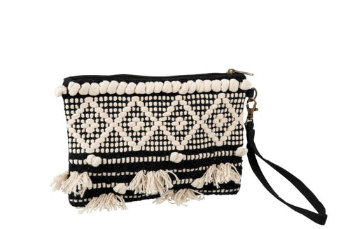Boho Clutch, Makramee Handtasche, creme-schwarz
