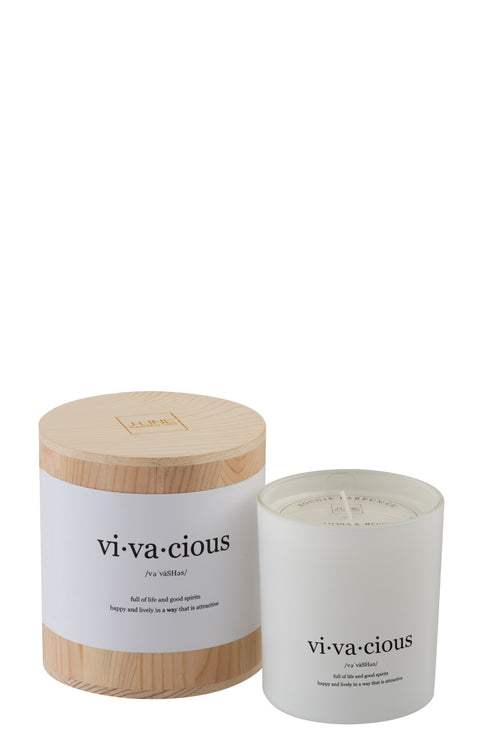 Edle Duftkerze "Full of life" weiß, Duft Mimosa Rose, in Holzgeschenkbox, natur